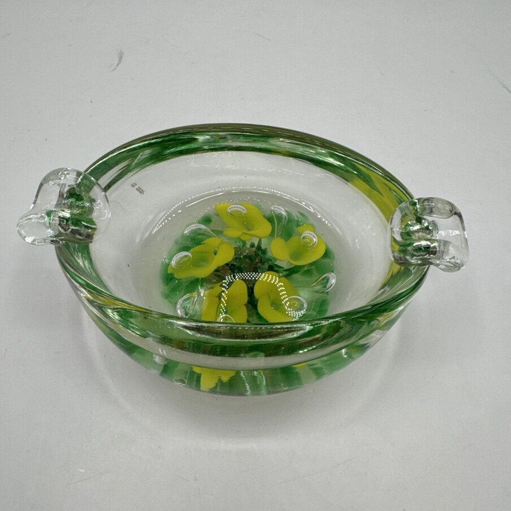 Vintage Art Glass Ashtray Green Yellow Floral Paperweight Trinket Dish Maude Bob
